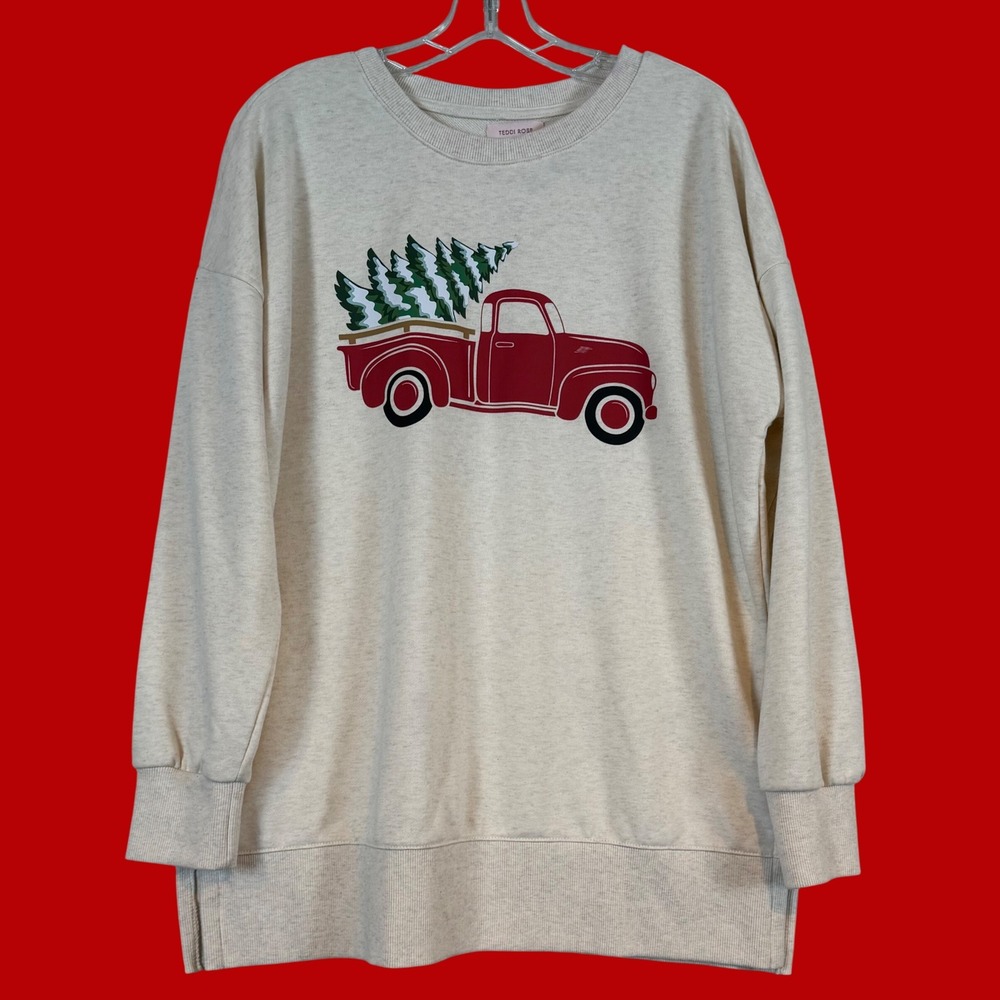 Womens Christmas Tree Red Vintage Truck Sweatshirt •L• Farmhouse Winter Festive